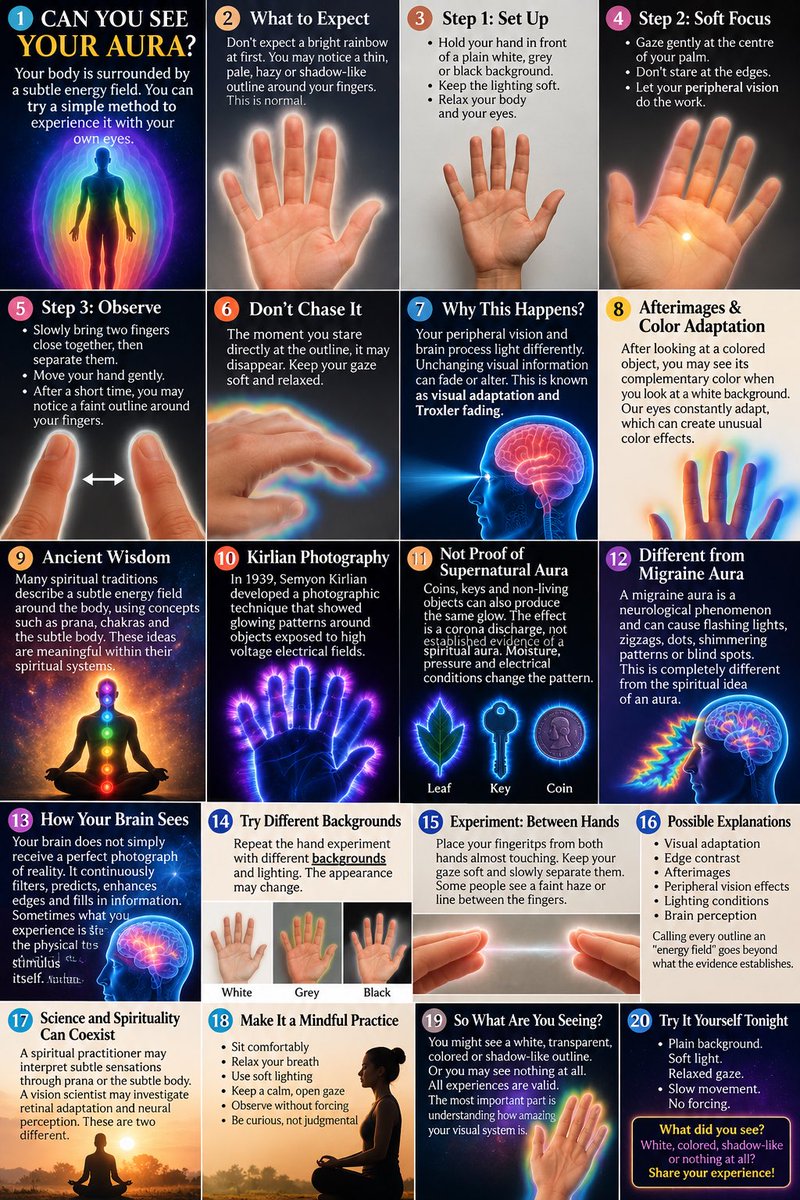 yajnshri's tweet photo. CAN YOU ACTUALLY SEE YOUR OWN AURA?

What if the faint glow you sometimes notice around your hand isn’t something you need a camera to find?

For centuries, spiritual traditions have described a subtle field surrounding the human body.

And there’s a surprisingly simple experiment you can try with your own eyes.