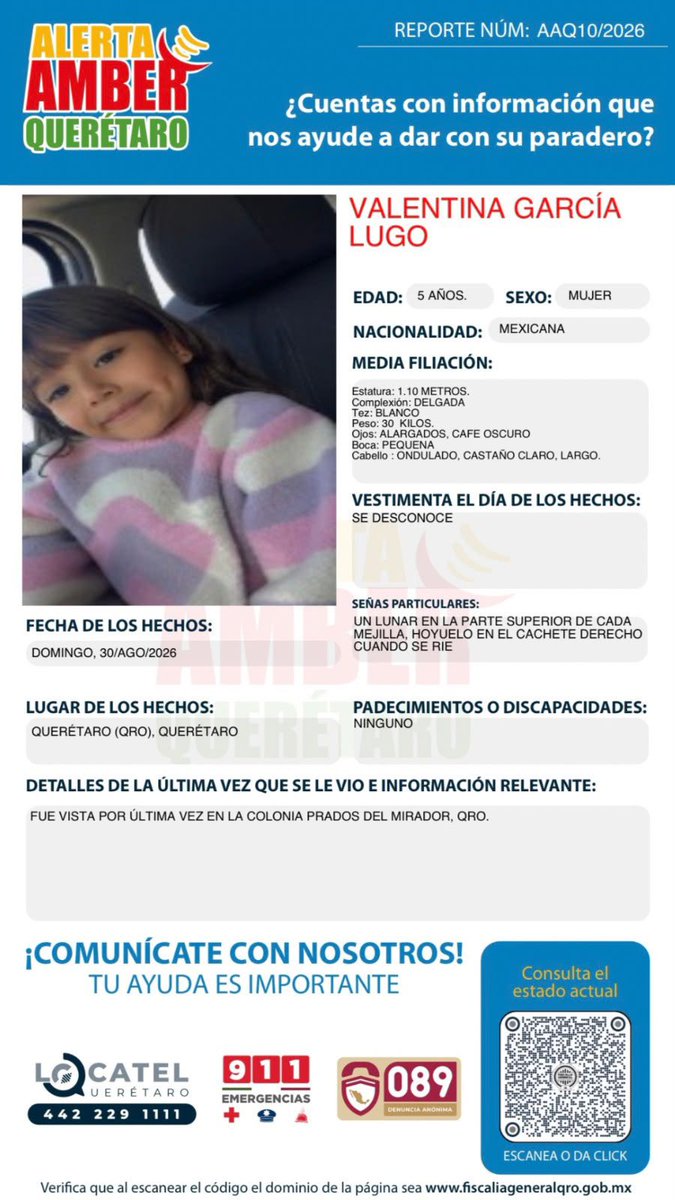 expresoqro's tweet photo. #Querétaro || 🔊 Se ha prorrogado la #AlertaAMBER para la localización de VALENTINA GARCÍA LUGO.

¿Cuentas con información que nos ayude para localizarla? Comunícate a Locatel al 442 229 111, al número de emergencias al 9-1-1 y de manera anónima al 089. https://t.co/R6CV7AyCh3