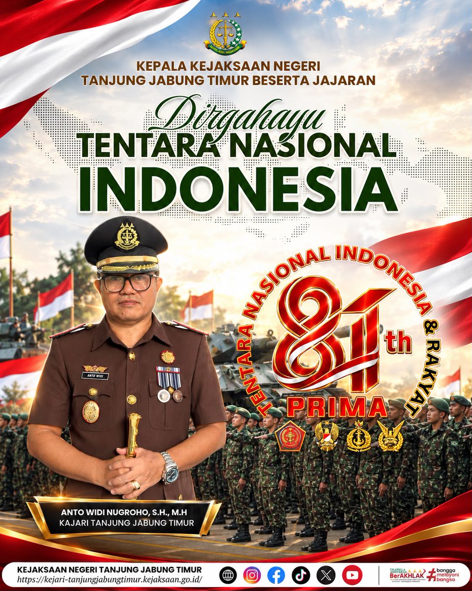 KejariTanjabTim's tweet photo. Kepala Kejaksaan Negeri Tanjung Jabung Timur Anto Widi Nugroho, S.H., M.H. beserta jajaran mengucapkan Selamat Hari Ulang Tahun ke-81 Tentara Nasional Indonesia, 05 Oktober 2026. “TNI Modern Bersama Rakyat, Siap Mengawal Indonesia Maju.” https://t.co/Se2IePtNv7