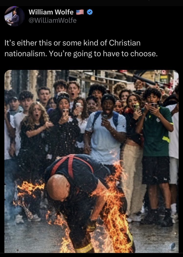 ConceptualJames's tweet photo. Historically, Christian Nationalism does this too, though, and these guys pushing it today inspire zero confidence it will be different with them. Hell, people in their orbit tell me every day that I'll be murdered by their regime when they take over.

What William is doing here is a dialectical tactic called an affordance. He's giving you two options, both of which are awful, and one of which is viscerally and obviously awful, so you'll be more inclined to the bad thing he'll help control.

Mark and avoid William Wolfe.