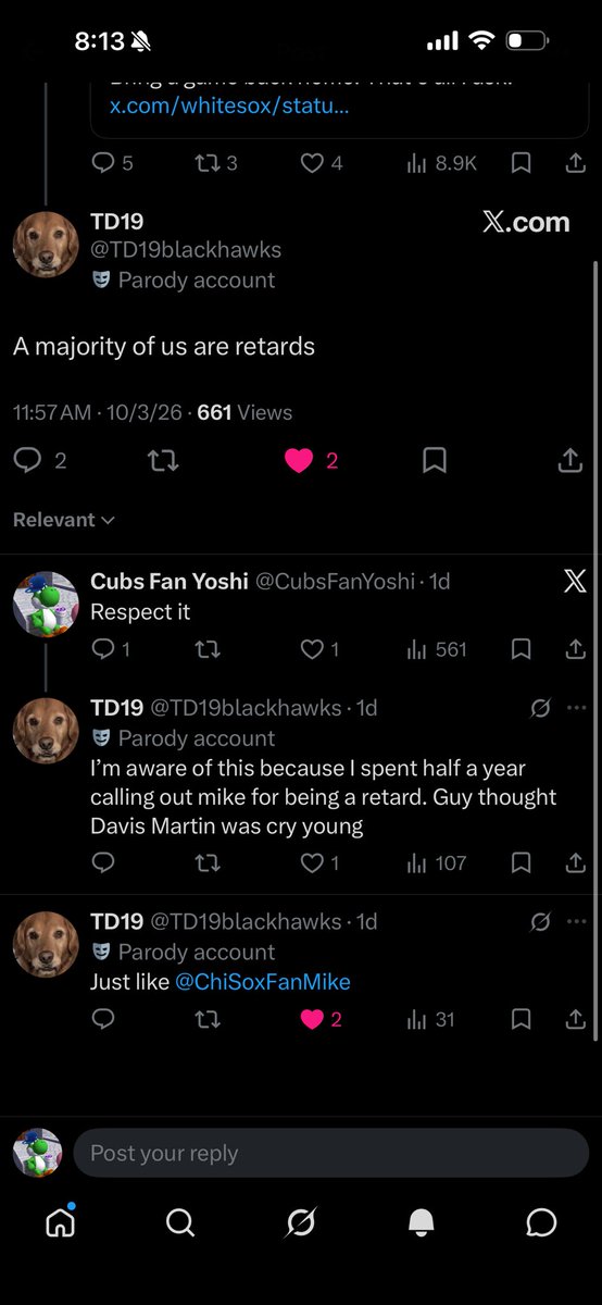 CubsFanYoshi's tweet photo. @aidensmith44 … and why tf would you like a post of you don’t think it’s right????? Are you a fuckn retard? https://t.co/jfGPKZm4Cf