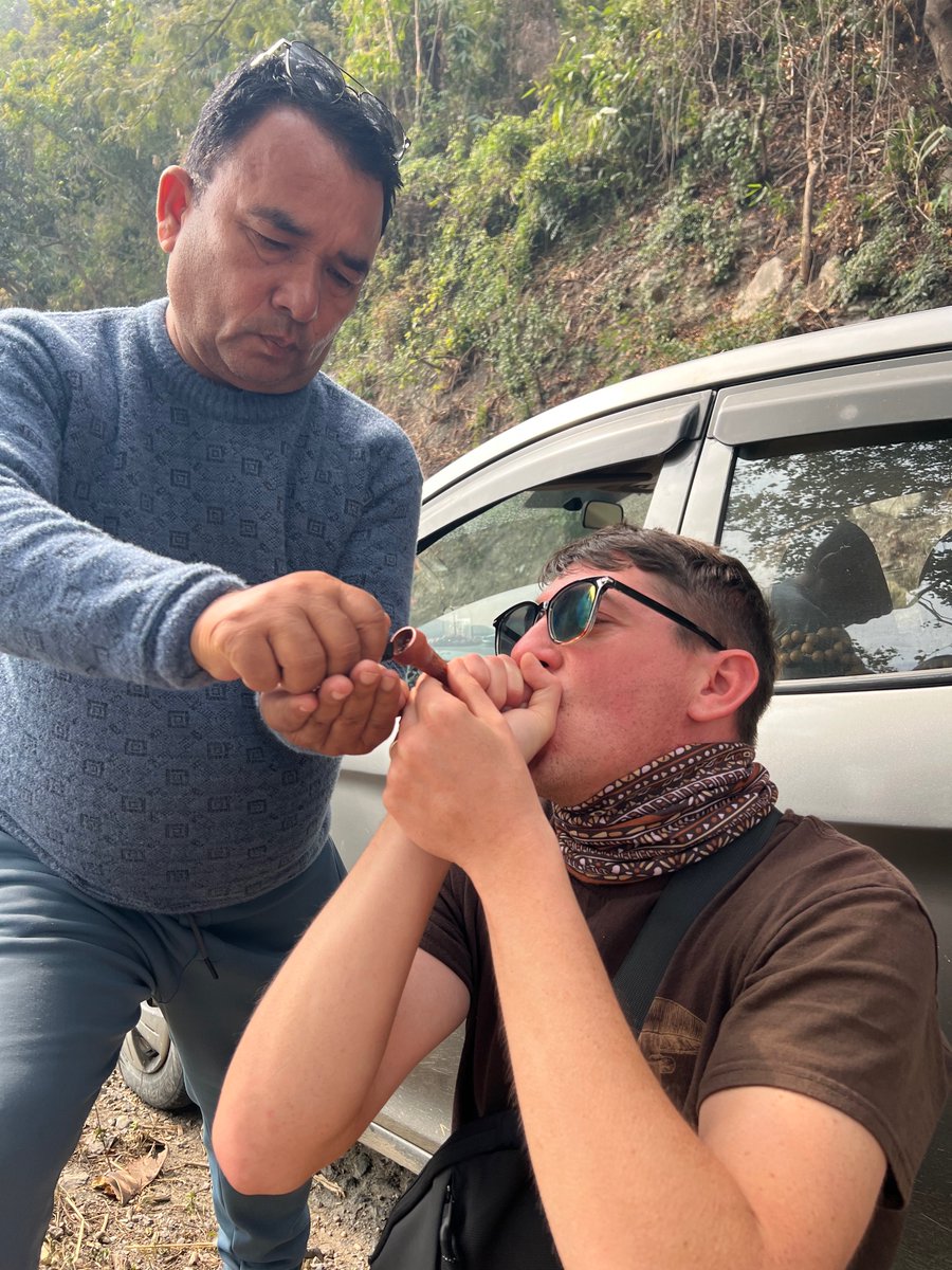 LandraceBureau's tweet photo. Lets go back to when I first learned to smoke the chillum. Traditional clay pipw which you have to learn how to properly hold, and draw in slow. January of 2026.

Nepali sativa giants, Kathmandu Valley line. Narrow leaflets, long internodes, airy cola, resin meant for the hand, not the bag.

Flower is the same line.  Drone shot over Dakshinkali: temples and statues in the cleft where two streams meet, south of the valley where these plants still stand in courtyards and on the terraces.

Harvest is starting soon. The Himalayan Genome expedition runs 26 October to 9 November. One week west to Pokhara, or two weeks on toward Rolpa. Small group. 

Family farms, roadside giants, temple corridors.
If you want a seat with a chillum, or stand under a valley sativa this tall, Nepal is where it at, and who else to go with than Landrace Bureau?