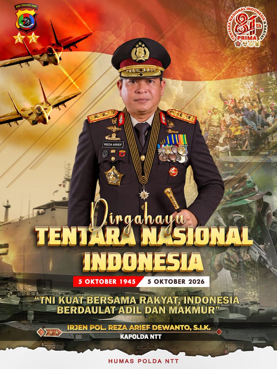 humas_polda_ntt's tweet photo. Kapolda NTT Irjen Pol. Reza Arief Dewanto, S.I.K., beserta seluruh jajaran Polda NTT mengucapkan Selamat Hari Ulang Tahun ke-81 Tentara Nasional Indonesia (TNI).
#DirgahayuTNI81 #HUTTNI81 #TNIKuatBersamaRakyat #TNIPrima #SinergitasTNIPolri #PoldaNTT #KapoldaNTT https://t.co/PWEAFONuBW