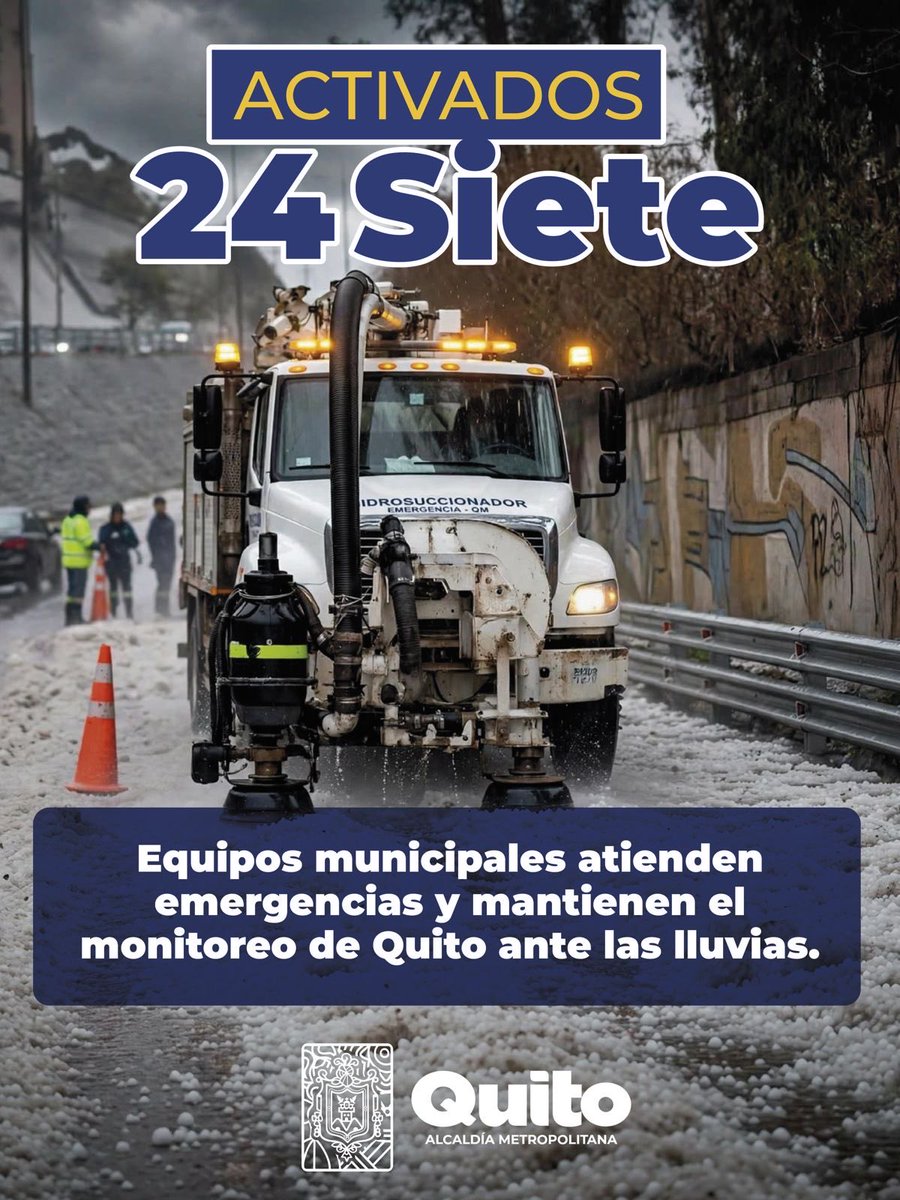 MunicipioQuito's tweet photo. #Activados24Siete| 🌧️ Ante las lluvias registradas este domingo, el Municipio de Quito mantiene desplegados sus equipos operativos para atender emergencias en distintos sectores de la ciudad.

👷🏽‍♂️En territorio trabajan equipos de EP EMSEGURIDAD, Bomberos Quito, EPMAPS, EPMMOP, AMT, Empresa Eléctrica Quito, Metro de Quito y administraciones zonales.

🚜 Las labores incluyen retiro de árboles, evacuación de agua, limpieza de colectores y apoyo a la movilidad.

✅ El COE Metropolitano mantiene el monitoreo permanente y la coordinación interinstitucional para atender nuevos reportes y reducir riesgos durante las próximas horas.

📞 Ante una emergencia, comuníquese al 9-1-1.