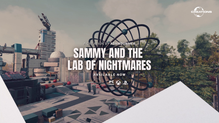 A promotional graphic for the video game "Sammy and the Lab of Nightmares," created by AdamDunmer, featuring an industrial sci-fi environment with a large spherical structure and labeled as "A Creation by AdamDunmer." The image advertises the game's availability on PC, Xbox, and PlayStation 5, tying into the accompanying post about joining the Xenobiology Research Wing DC-29 faction in Starfield's Creations menu.