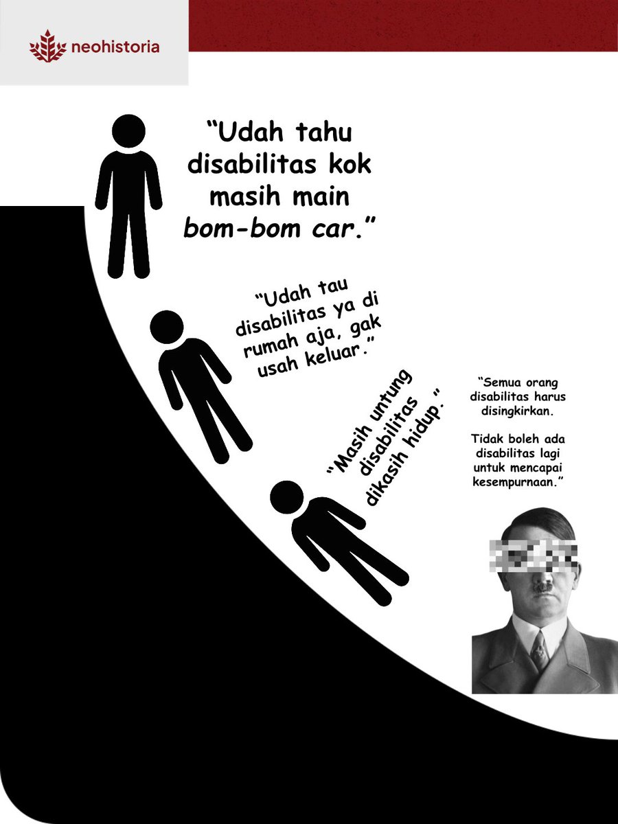 neohistoria_id's tweet photo. Ableisme = fasisme

Bukannya memperjuangkan agar semua tempat itu aksesibilitasnya layak, malah membatasi ruang pengalaman yang bisa dilakukan kaum disabilitas. 

Apakah orang disabilitas tidak boleh nonton di tempat duduk atas? Apakah orang disabilitas tidak boleh main bom bom car?