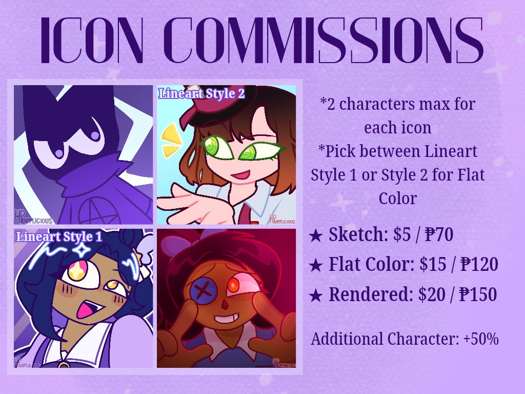 HPurplicious's tweet photo. [ RTS are very much appreciated! ]

ICON &amp; CHIBI ART C⭐MMS ARE OPEN!!!

✦ International and local prices available
✦ Please read my TOS and what I can/can't draw before reaching out 
✦ Message me if interested ^^

#artph #artcommissionsopen https://t.co/YrHuioDseB