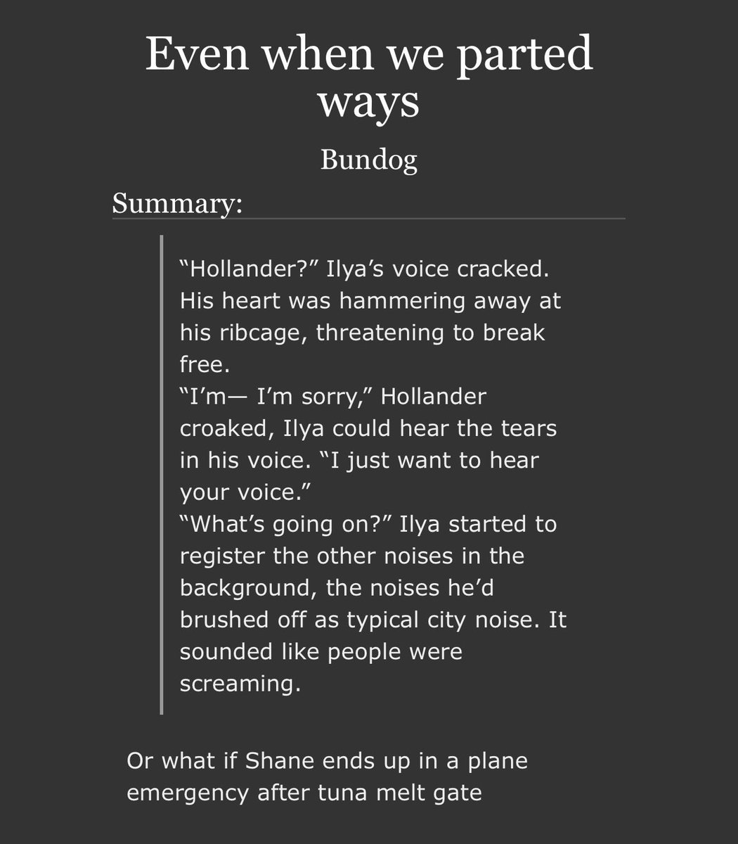 promised_ivy's tweet photo. As a thank you for the reception of my own fic, I’ve collected all the fics I could find based on the tumblr post/where Shane’s plane goes down. Lmk if I missed any! 🧵

https://t.co/FQbRFXXS9q

https://t.co/vGq3a9PpUj

https://t.co/DyciTb0Xlp

https://t.co/TJ8V4V6J7S https://t.co/Djvt03Kgcg