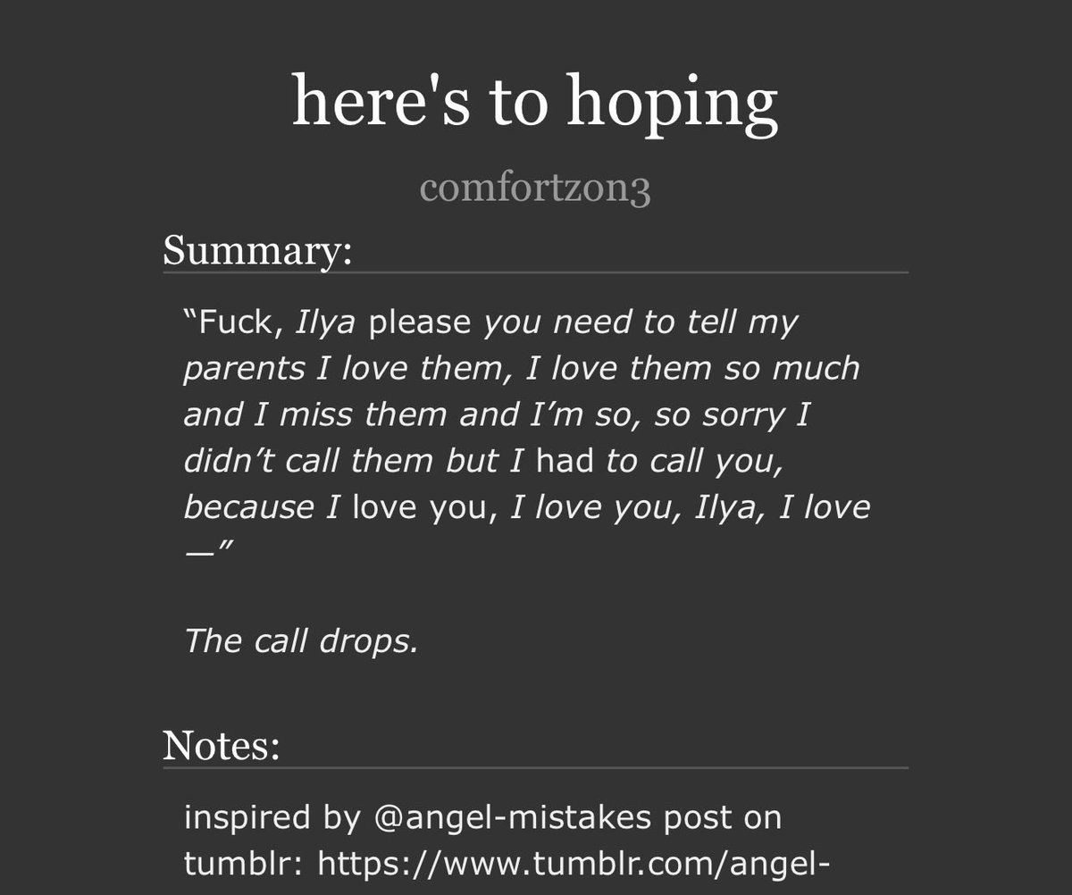 promised_ivy's tweet photo. As a thank you for the reception of my own fic, I’ve collected all the fics I could find based on the tumblr post/where Shane’s plane goes down. Lmk if I missed any! 🧵

https://t.co/FQbRFXXS9q

https://t.co/vGq3a9PpUj

https://t.co/DyciTb0Xlp

https://t.co/TJ8V4V6J7S https://t.co/Djvt03Kgcg