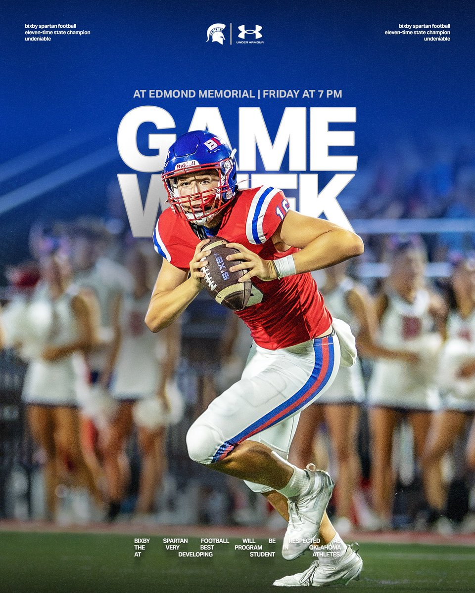 BixbySpartanFB's tweet photo. GAME WEEK.

🆚 Edmond Memorial Bulldogs
📆 Friday at 7:00 pm
📍 Bulldog Stadium
🎟 https://t.co/dFHQWKduva
📺 https://t.co/Z4vHdJ6sGJ
📻 97.1 FM &amp; https://t.co/Mp9HyJubVO

#BixbySpartans | #Undeniable https://t.co/AWNanJbKSQ
