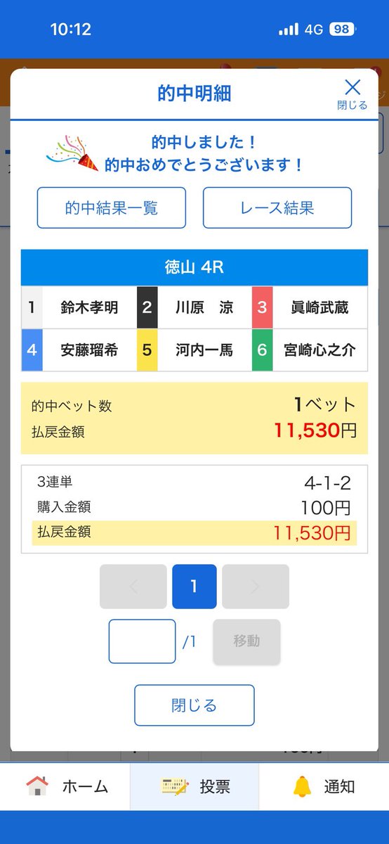 miki_32m's tweet photo. 万舟PayPay

徳山4R🎯
4-1-2
11530×1=11530❤️‍🔥❤️‍🔥❤️‍🔥 https://t.co/q7G3prXfwo