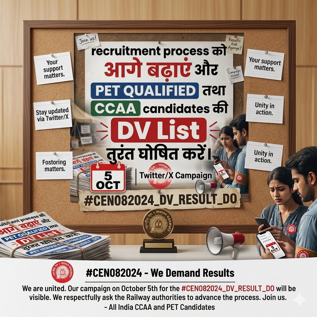 kzcc26's tweet photo. रेलवे प्रशासन ध्यान दे!
PET QUALIFIED और CCAA उम्मीदवारों की DV List तुरंत घोषित की जाए। भर्ती प्रक्रिया को बिना किसी देरी के आगे बढ़ाएं। युवाओं के भविष्य के साथ खिलवाड़ बंद हो!
🗓️ आज ही जुड़ें इस मुहीम से!
#CEN082024_DV_RESULT_DO ✊ https://t.co/cAy1aD3FV9