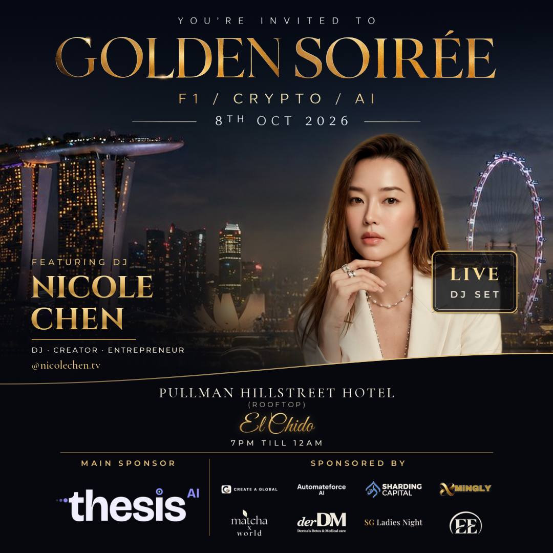 thesisAI_family's tweet photo. Singapore is about to get interesting. 🇸🇬🥂

On October 8th, Thesis AI takes over Golden Soirée as the Main Sponsor for a night where Crypto, AI, F1 and real connections come together.

No panels. No boring conference energy.

Come meet the people building, investing, trading and shaping what’s next — with the Thesis AI team right in the middle of it.

Live DJs. Rooftop views. Founders. VCs. KOLs. Traders. Builders.

And maybe a few surprises from Thesis. 👀

📍 Pullman Hill Street Hotel Rooftop
🗓 October 8 | 7PM–12AM

See you in Singapore.

$THESIS is just getting started.

IG: https://t.co/L2cbCrZGWp

Event: https://t.co/ww5HQUsVhe

Website: https://t.co/2NSnlNGYtH

X: https://t.co/gC3JX2ogDL

TG: https://t.co/BSbthbinSO