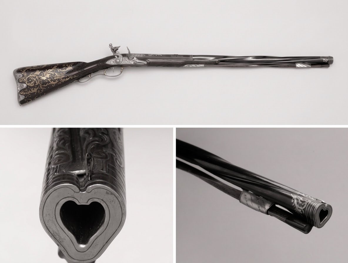 glirttery's tweet photo. a 1765 flintlock rifle with a twisted barrel and heart-shaped bore, previously owned by king george IV https://t.co/8B2KLGY61v