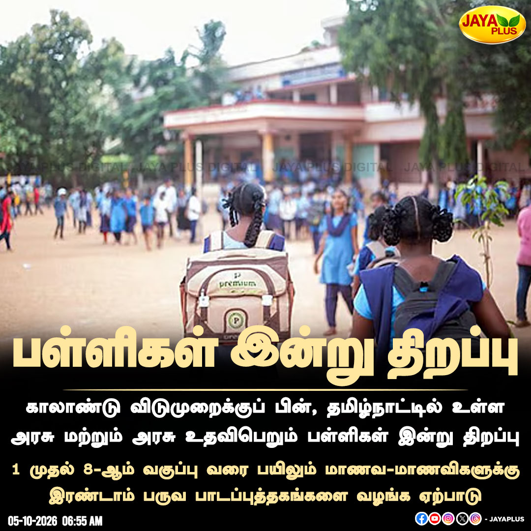 jayapluschannel's tweet photo. காலாண்டு விடுமுறைக்குப் பின் இன்று பள்ளிகள் திறப்பு!

#TamilNaduSchools #SchoolReopening #QuarterlyHoliday #JayaPlus https://t.co/lP3p9qtlxr