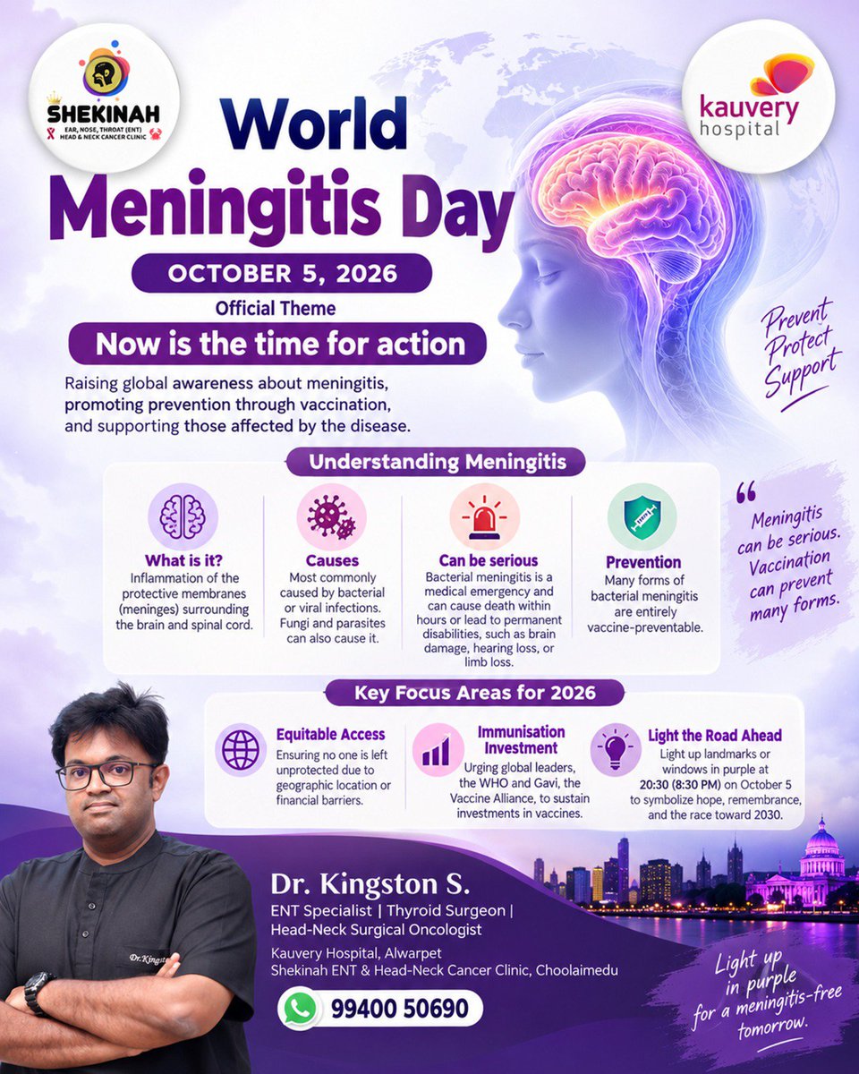 Shekinah_ENT's tweet photo. World Meningitis Day – Oct 05, '26
#WorldMeningitisDay
#DefeatMeningitis
Dr. Kingston S.
ENT & Head-Neck Surgeon,
SHEKINAH ENT & HNCC, Choolaimedu.
#ShekinahClinic
#ENTspecialist
#ShekinahENT
#DrKingstonS
#DrKingston
#ENTsurgeon
#ENTdoctor
#ENTclinic
#ENTcare
#ENT
#Kauvery https://t.co/rV8ajVvbbl