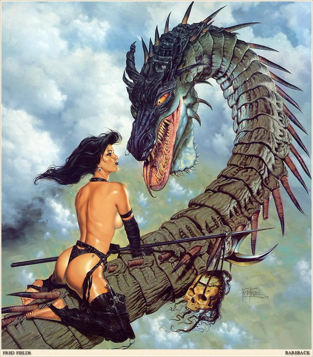 YoDanno's tweet photo. Fred Fields paints a gorgeous woman riding a dragon wearing approximately eleven square inches of armor…

…and calls it Bareback.

God, I miss old school fantasy art. 

🖼️ Fred Fields, Bareback (1993) https://t.co/MotHa1xNoh