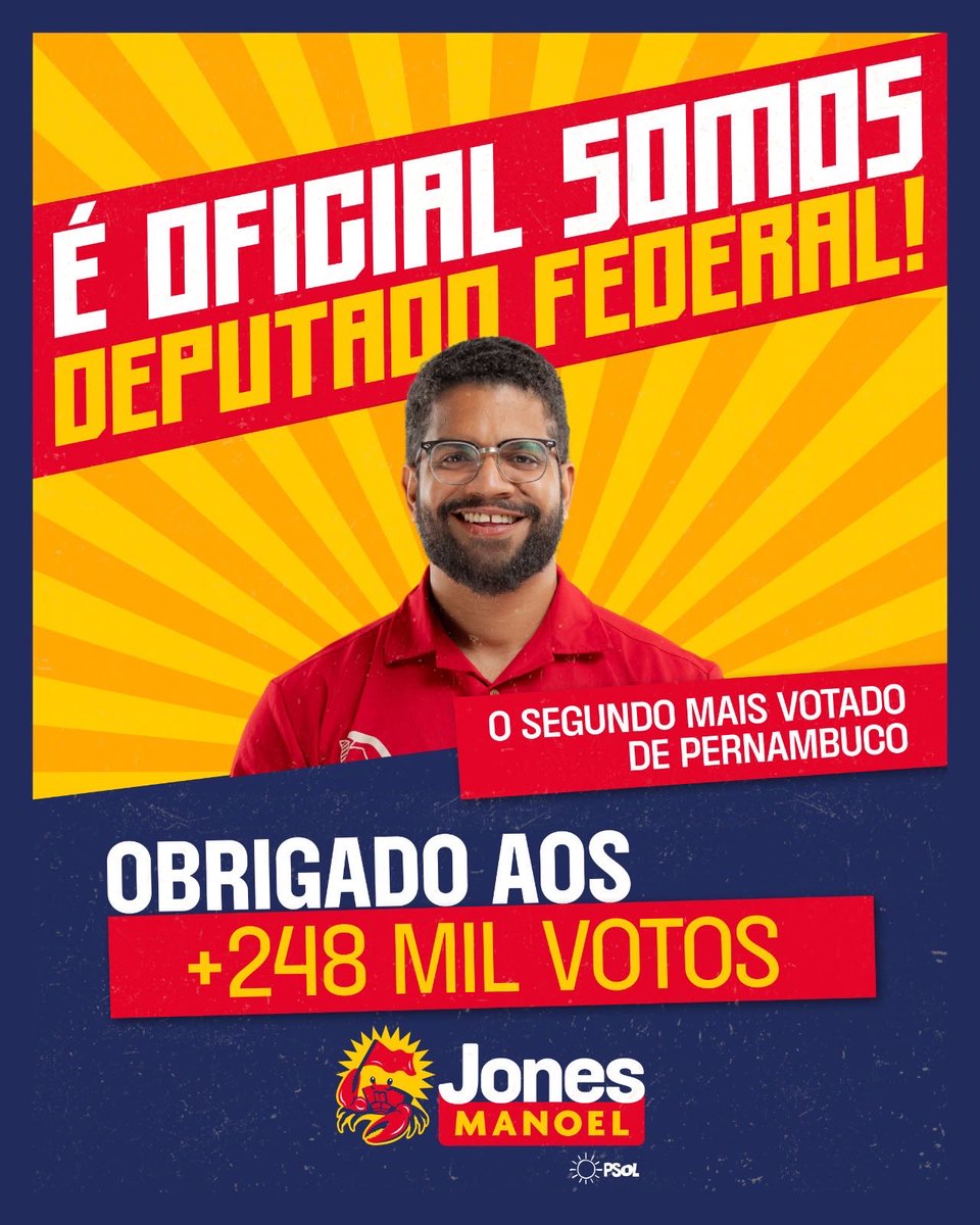 jonesmanoel_PE's tweet photo. Somos mais de 248 mil trabalhadores e trabalhadoras de todo o estado de Pernambuco que decidiram sair de casa hoje para mostrar que temos fome de futuro. Fomos a segunda candidatura mais votada de Pernambuco. Obrigado a todo mundo que fez parte dessa construção coletiva junto ao povo trabalhador.

É a gente lá para revolucionar o Congresso Nacional, com o poder popular nas mãos do povo trabalhador.

E agora é o momento de batalhar no segundo turno para garantir a derrota de Flávio Bolsonaro e a reeleição do presidente Lula. Nos encontramos nas ruas!