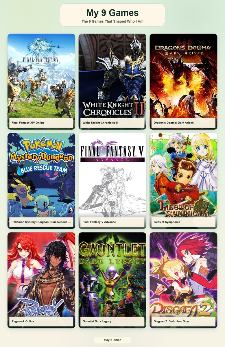 kerushape's tweet photo. I figured, I'd do the thing too. Why not. Mostly picking games I recalled that I either sunk a lot of time into that really got me to enjoy games, or just some that I have fond memories for. :> https://t.co/ymE3UcRS1X