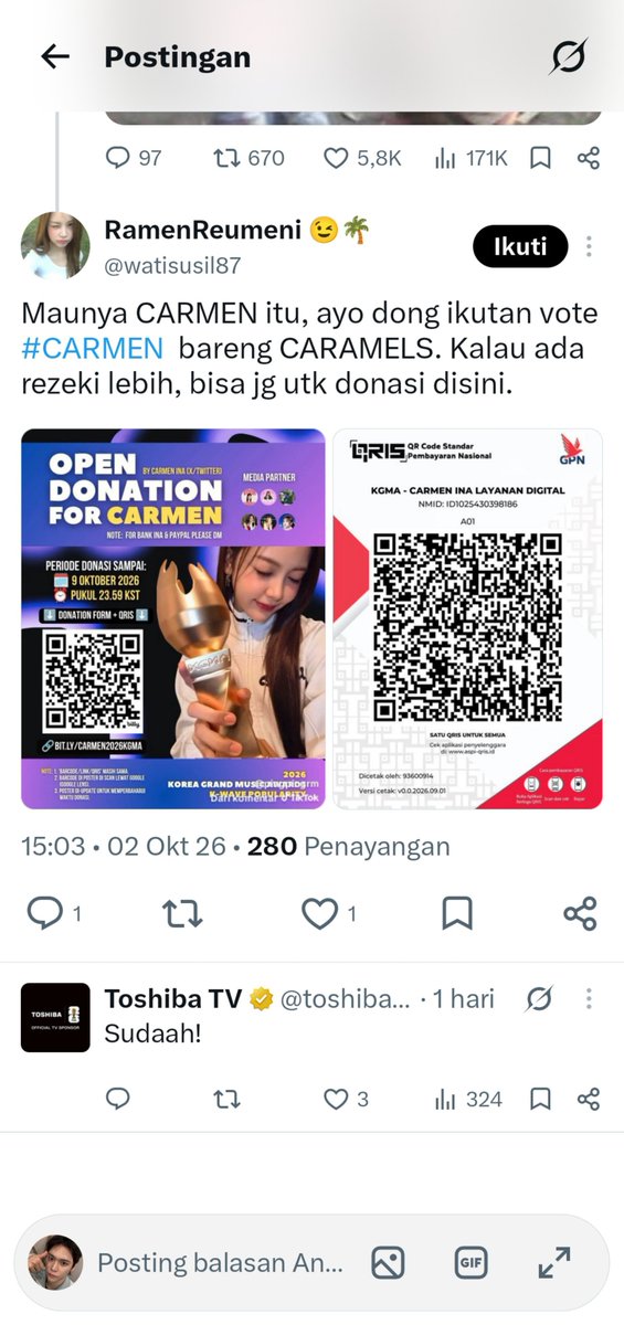 PebbyII's tweet photo. Izin jelasin. Admin Tv ngetweet carmen dan postingannya rame banget dapet 37k likes 994K viewers. Fans carmen komen poster open donasi. Akhirnya admin Tv ikutan kasih uang buat donasi ini sebagai bentuk dukungan karena mungkin postingan nya rame.BUKAN OPEN DONASI VOTE DIAKUN TV!! https://t.co/RilsfwnMRS