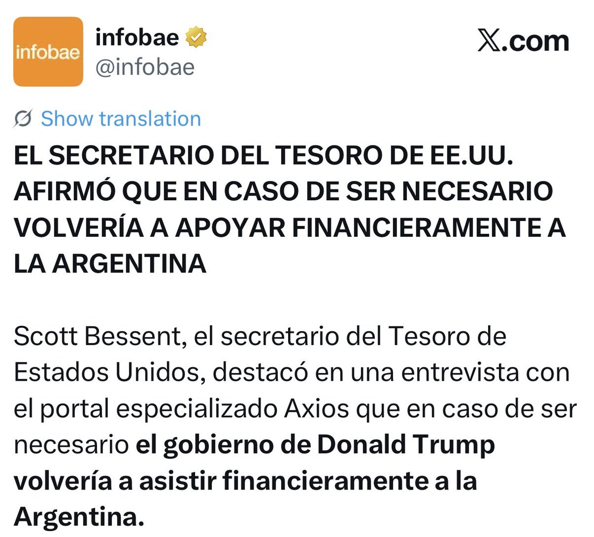 CarlosMaslaton's tweet photo. Desafortunada declaración. Necesitan otro salvataje acaso Caputo y Milei? Reconoce Bessent que fundieron a la Argentina? https://t.co/VDsdIDx8sd