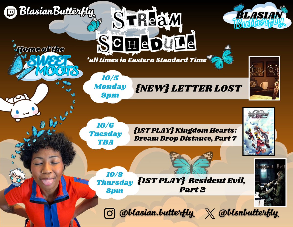 blsnbutterfly's tweet photo. 🦋THIS WEEK'S STREAM SCHEDULE (10/5-10/8)☁️ 

NO MORE NANCY 😭 so we start our new MISHtery Monday journey with Letter Lost! This week might be our last Kingdom Hearts: Dream Drop Distance stream, and more Resident Evil! 

https://t.co/KRRUWOefIk https://t.co/3NVx8wp3zA