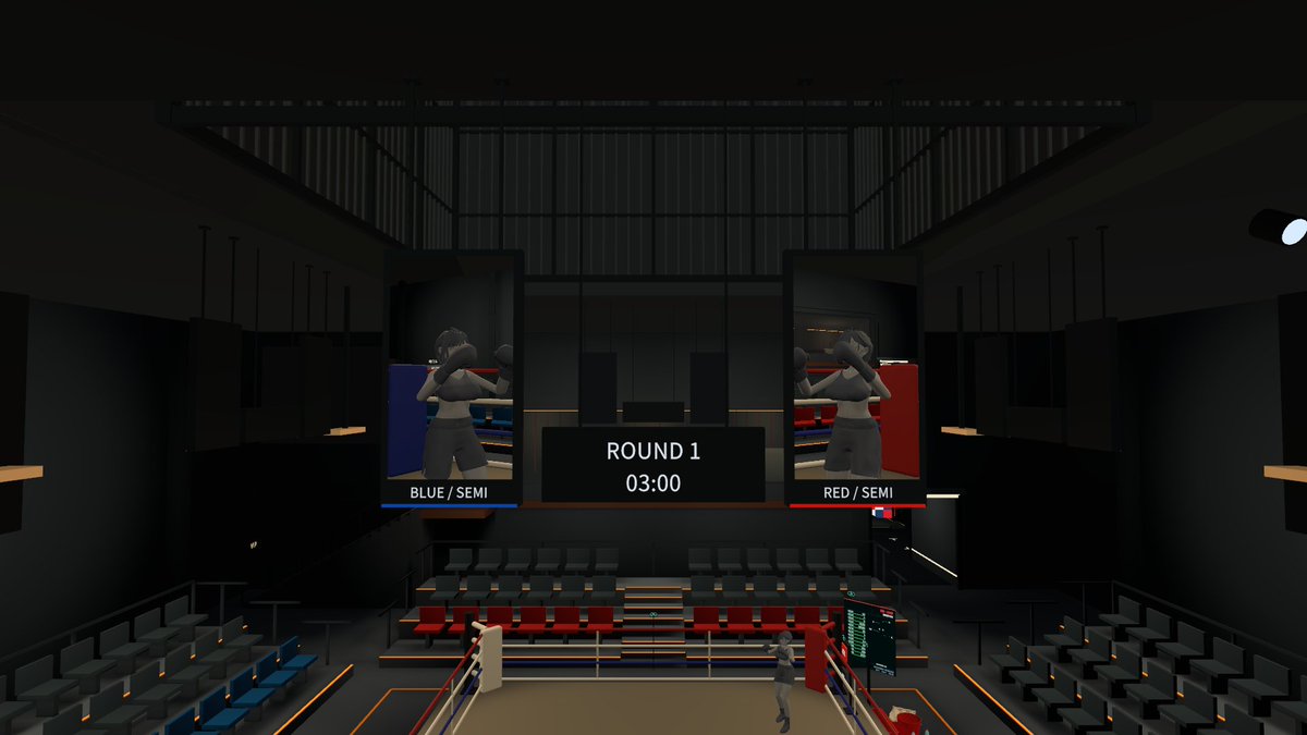 semi_semi_box's tweet photo. VRChat용 복싱 경기장을 만들었습니다, 후후 .
링 말고도 실제로 앉을 수 있는 관객석을 추가했습니다. 
전광판도 추가해 실시간으로 경기를 여러 뷰로 중계해줍니다. 
스포트라이트도 추가해, 입장하는 선수에게 스포트라이트가 쬐어집니다.

VRChat用のボクシング会場を作りました、ふふ。
リングだけでなく、実際に座れる観客席も追加しました！
大型スクリーンでは、試合を複数の視点からリアルタイムで映します。
さらにスポットライトも追加して、入場する選手を照らすようにしました！

I made a boxing arena for VRChat, hehe.
Besides the ring, I added spectator seats you can actually sit in!
The big screen broadcasts the match live from multiple camera angles.
I also added spotlights that shine on the fighters as they enter the arena!