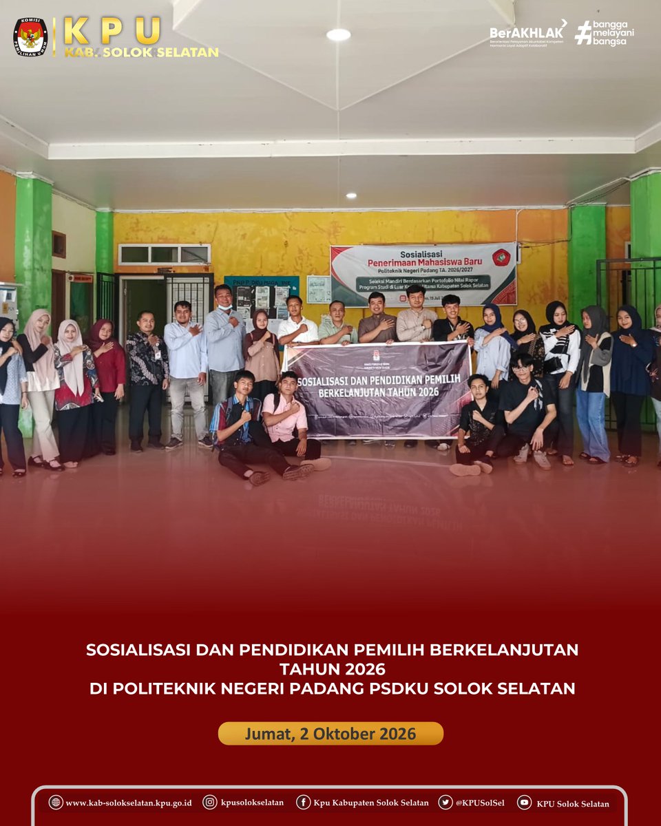 KPUSolSel's tweet photo. #TemanPemilih, Jumat, 2 Oktober 2026, KPU Kabupaten Solok Selatan berkesempatan hadir di Kampus Politeknik Negeri Padang PSDKU Solok Selatan dalam rangka melaksanakan sosialisasi dan pendidikan pemilih bagi pemilih pemula.-- https://t.co/oig0IF0XRp