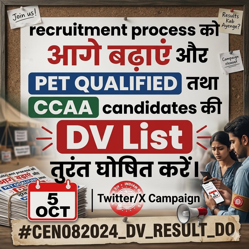 kzcc26's tweet photo. #CEN082024_DV_RESULT_DO
रेलवे प्रशासन ध्यान दे! PET QUALIFIED और CCAA उम्मीदवारों की DV List तुरंत घोषित की जाए और भर्ती प्रक्रिया को आगे बढ़ाया जाए। युवाओं को न्याय दें! ✊
#CEN082024_DV_RESULT_DO
@AshwiniVaishnaw @RailMinIndia https://t.co/uWIDLqHlog