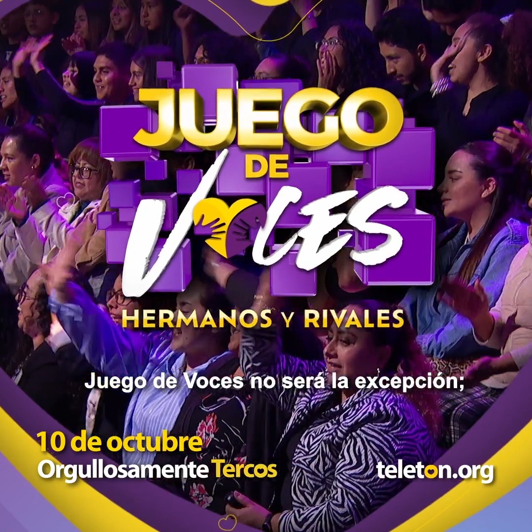 Promotional graphic for 'Juego de Voces: Hermanos y Rivales' airing October 10, featuring a heart logo and 'teleton.org' text over an audience clapping.