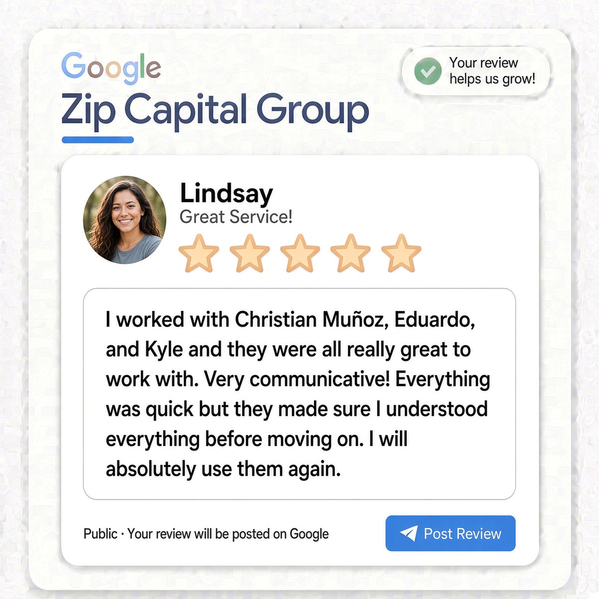 zipcapitalgroup's tweet photo. As a business, it's amazing to know we have such an amazing an compassionate team in place that go the extra mile for each one of our clients!
#reviews #testimonial #businessowner #smallbusinessowner #smallbusiness #californiabusiness #zipcapitalgroup #restaurantowner https://t.co/xBQZhKGIcN