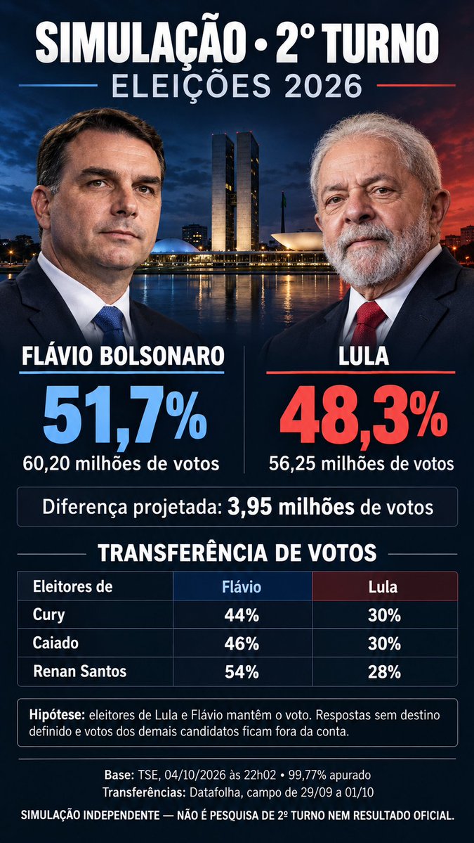 PedrinhooTC's tweet photo. Pesquisa independente baseado em pesquisa do data folha sobre quem os eleitores dos candidatos eliminados, votaria...
E claro mantendo os votos de cada 1° no primeiro turno https://t.co/pBH7USt0RL