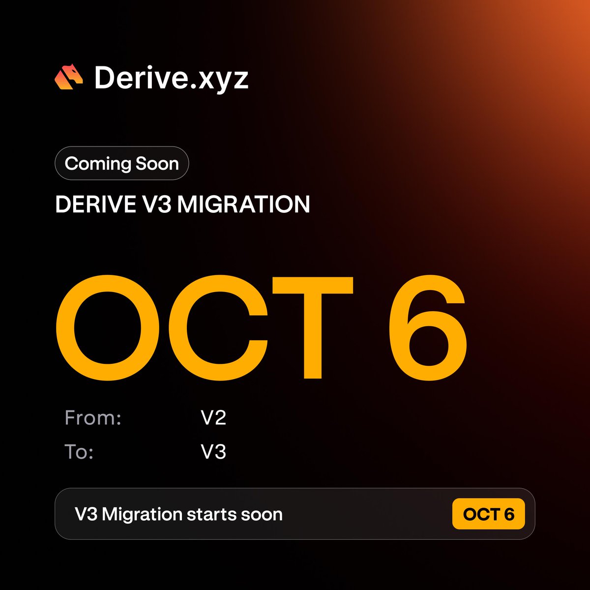 DeriveXYZ's tweet photo. The governance proposal to launch Derive V3 has passed.

Migration to V3 is scheduled for October 6 at 6:00 PM UTC.

Full proposal and vote result: https://t.co/qLrjIS2xhO https://t.co/u0eUwEBVBu