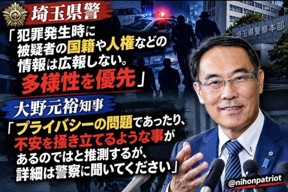 nihonpatriot's tweet photo. 狂ってる

埼玉県警「犯罪発生時に被疑者の国籍や人権などの情報は広報しない。多様性を優先」

大野元裕知事「プライバシーの問題であったり、不安を掻き立てるような事があるのではと推測するが、詳細は警察に聞いてください」 https://t.co/2XbXOqtCSx