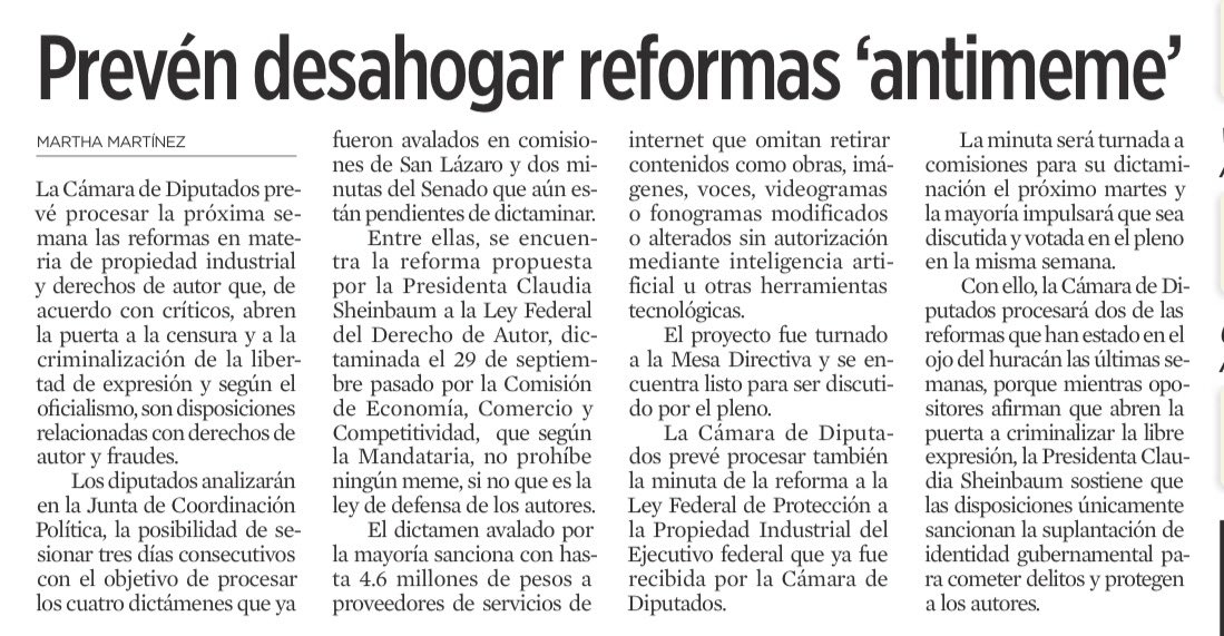 DeniseDresserG's tweet photo. Si la llamada “ley antimeme” no busca criminalizar a periodistas, caricaturistas y críticos, la solución es sencilla: díganlo en la ley. Exclúyanlos explícitamente. Si Morena se niega a cerrar esa puerta, quedará abierta para usarla políticamente cuando convenga. Ya hemos visto demasiadas leyes ambiguas, manoseadas y convertidas en armas contra voces incómodas. El problema no es el meme. Es el poder que quiere decidir quién puede burlarse de él.