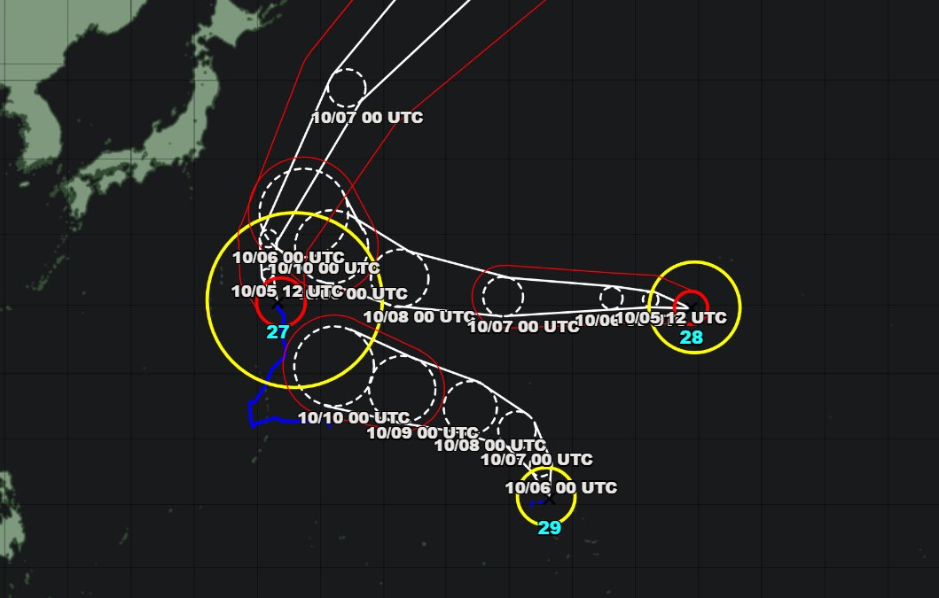 VortixWx's tweet photo. Man, have anyone told y’all that three is a crowd?
Anyway there’s quite a bit going on with 3 TCs, #Choiwan marked as TY No. 27, #Nolo (TY No. 28) & #Koguma, the newest to the crew (TY No. 29).
#tropicswx https://t.co/m3ha7ExGJG