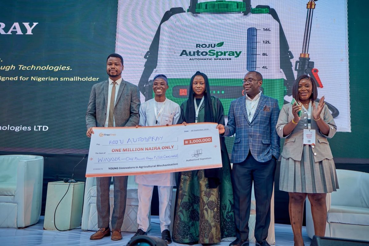 amazingmmeg's tweet photo. The Winner 🏆”@TractracGlobal  investment roadshow

Five innovators. Five bold ideas. One winner! 🏆🚜

Congratulations to Roju Autospray for winning the ₦1M Young Innovators in Agricultural Mechanisation Pitch Challenge at the @TracTrac Investment Roadshow in Abuja. https://t.co/Yjl6ROpsQV