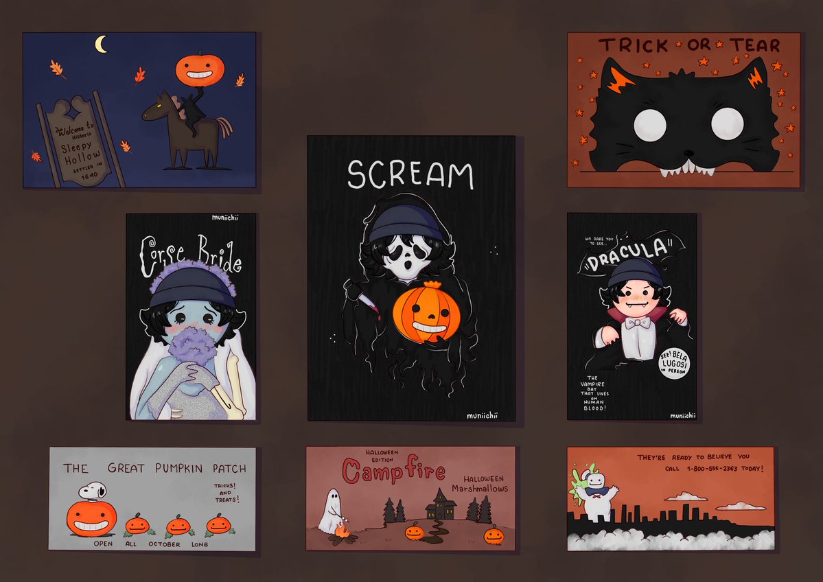muniichii's tweet photo. Día 4 #Quacktober #quackityfanart 
No me decidía por una película en específico, así que mejor una pared con muchos posters de películas de halloween 🎃 https://t.co/vuTtCSTNpf