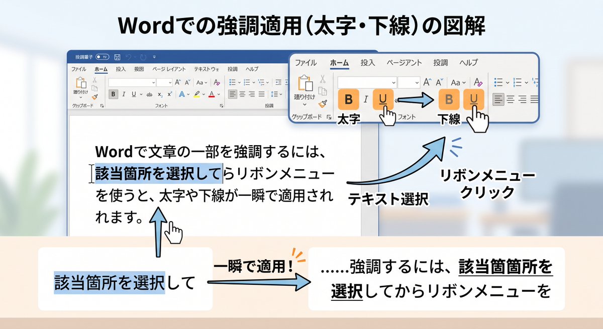 H_H_hello_PC_'s tweet photo. 【Wordの文字にパッと網掛け・下線を引く時短技ライン】
強調したい文字を選んで【Ctrl ＋ U】で下線、【Ctrl ＋ B】で太字！
ツールバーまでマウスを動かさずに一瞬で目立たせることができますよ✨
#Word便利技 #ショートカットキー #東広島 https://t.co/gqZdMDuZhI