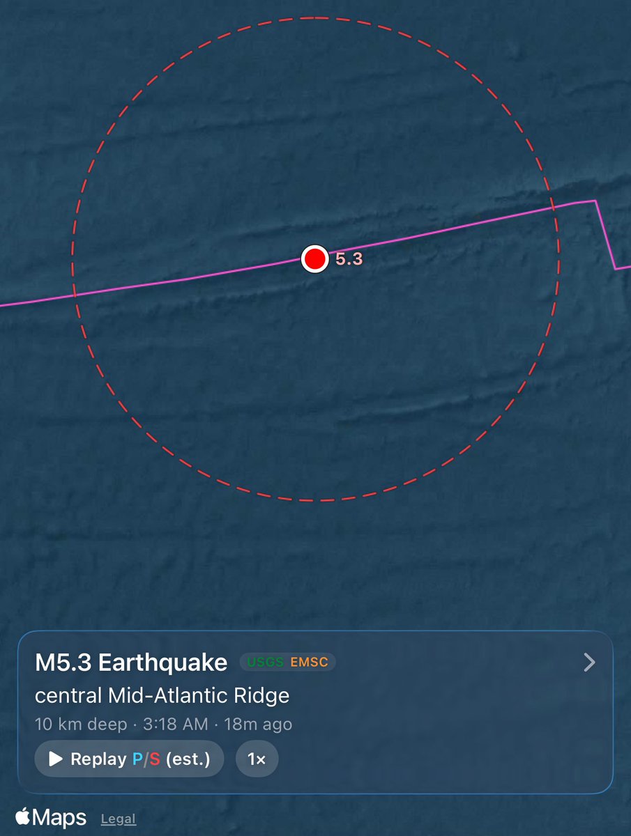 NewEarthquake's tweet photo. M5.3 earthquake - Central Mid-Atlantic Ridge

Oct 5 01:18 UTC (17m ago)
Depth 10 km
https://t.co/QcjTZroEPo

Download the free iPhone app for quake details: https://t.co/1mIESrqy6x https://t.co/8jxLadKo5V