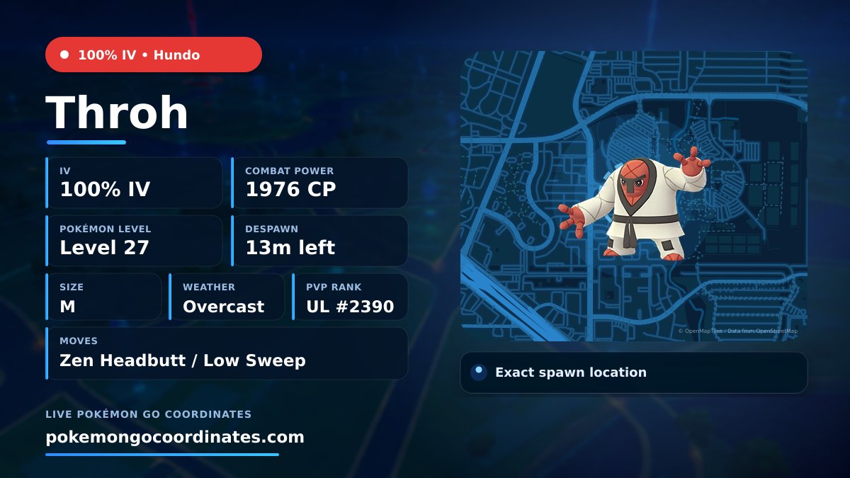 CoordsPokemonGo's tweet photo. #Throh Wild Spawns
💯% IV • 1976 CP • Level 27
Despawns in 13m
📍 32.920310,-96.732799
#PokemonGOCoordinates • #PoGoCoords https://t.co/SnQiNznXqr