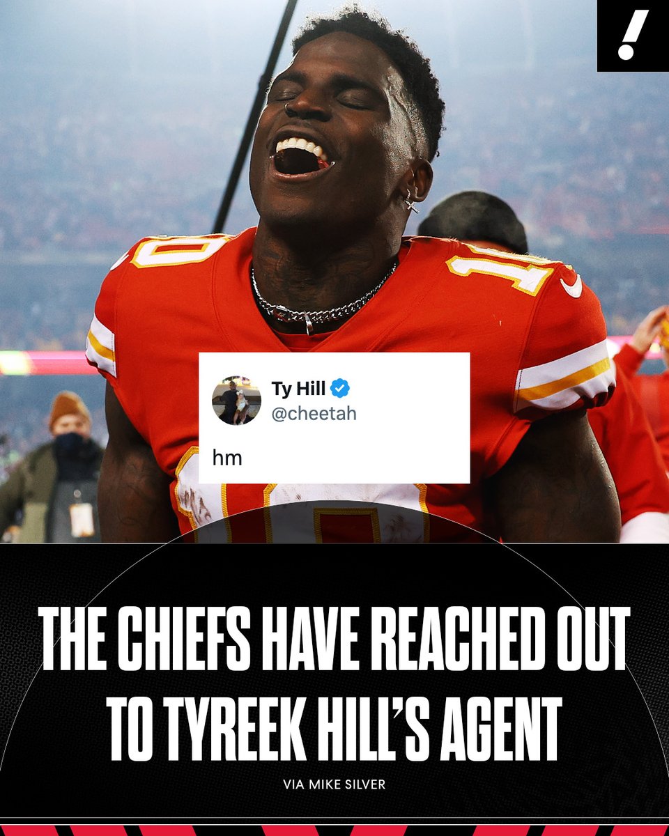 YahooSports's tweet photo. The Chiefs have reached out to Tyreek Hill's agent, Drew Rosenhaus, about a possible reunion, per @MikeSilver.

Can you imagine the Cheetah back in Kansas City? 👀 https://t.co/mqTXGuiJ3R
