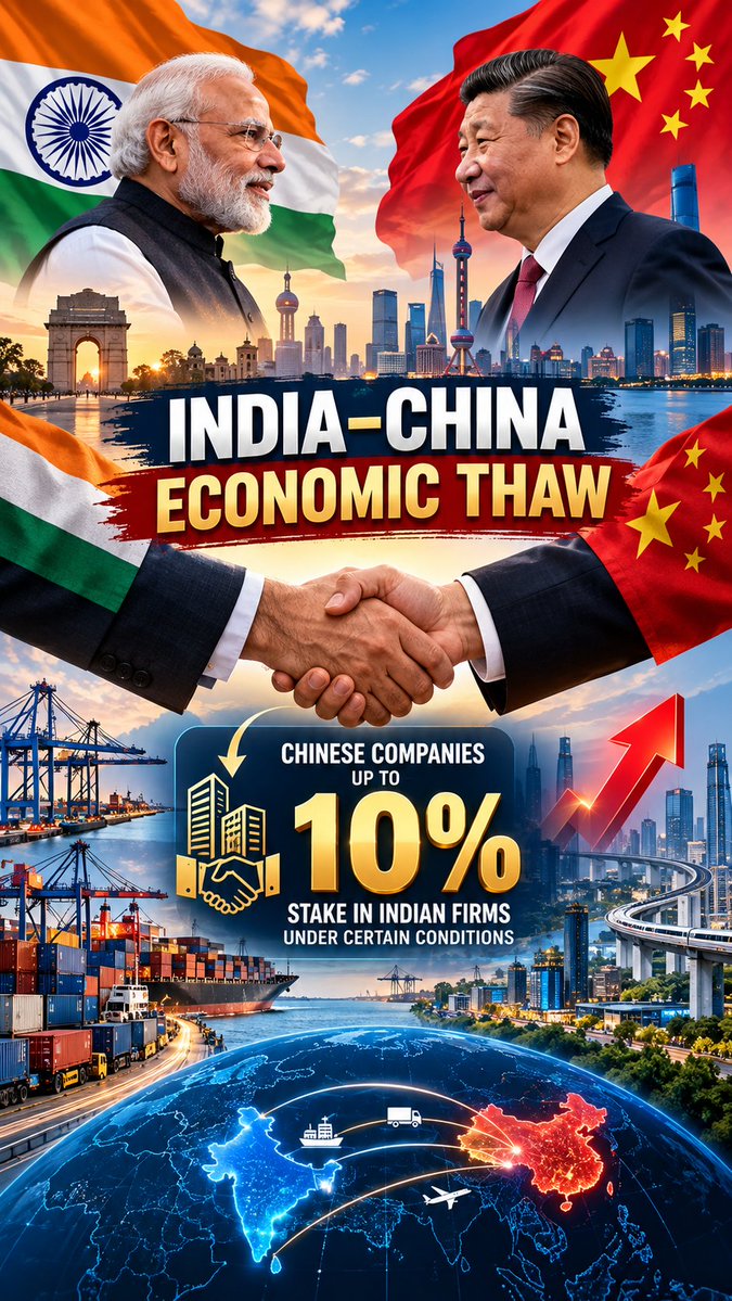 LiXinyne's tweet photo. 🇮🇳🇨🇳 India–China economic ties show signs of a thaw as New Delhi eases some investment curbs, potentially allowing Chinese firms up to 10% stakes in Indian companies. #IndiaChina #Trade #Investment https://t.co/C2RKO5A6nt