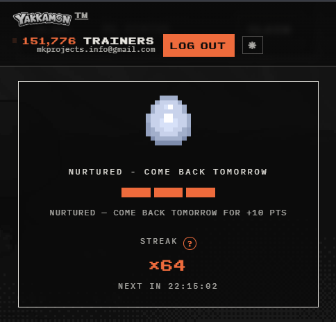 mkplaysgg's tweet photo. It's my day 64 in Season 0 of @yakkamon_game 
So excited this October for the hatching of my eggs.

GM Gamers! https://t.co/wiK9Wbv0VW