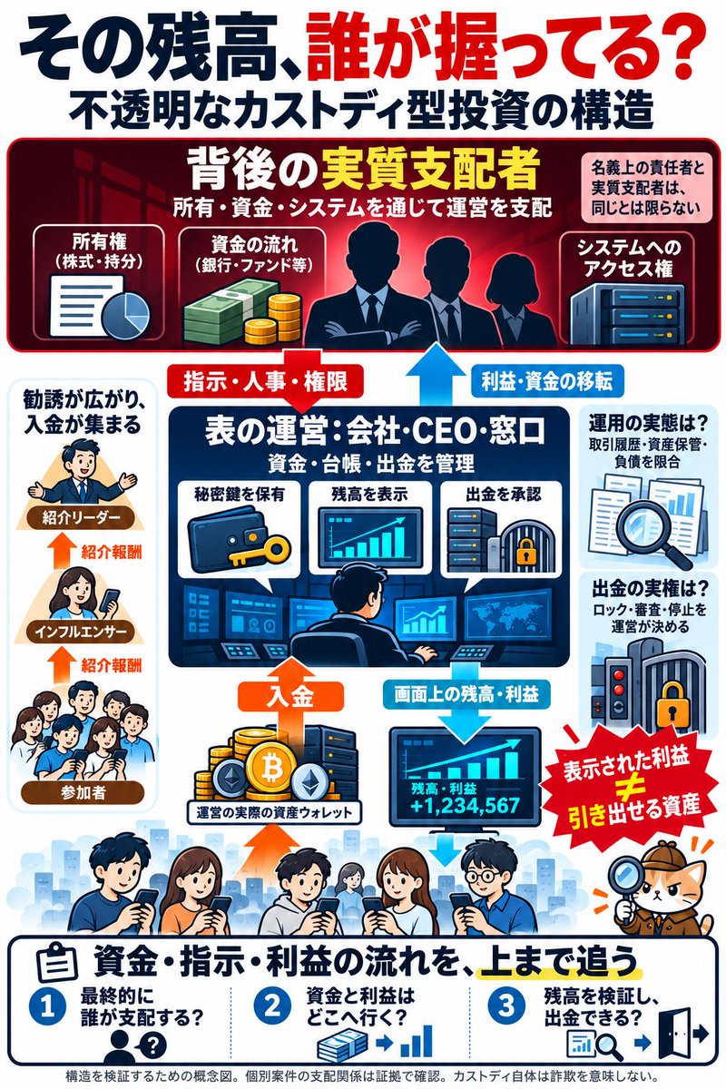 hrzen53's tweet photo. 色々な案件調べて
最近本当に思うことを図にした。

見るべきは利回りより
資金・台帳・出金の支配権。

そして表の運営を動かしている
背後の実質支配者。

誰が指示して
誰が利益を受け取っているのか？

看板と仕組みを替えて
同じ構図の搾取が連綿と行われている。

カストディ自体が詐欺なのではない。

問題は❕
預けた資産の実態を検証できず
出金まで相手任せだという事。

みんな。
もういい加減気付こうぜ。

会社に搾取され
政府に搾取され
そして投資して
少しでも収入増やそうとして
案件に搾取され…。

無限ループやん💢

#投資詐欺 #カストディ #暗号資産 #ポンジ
#BitradeX