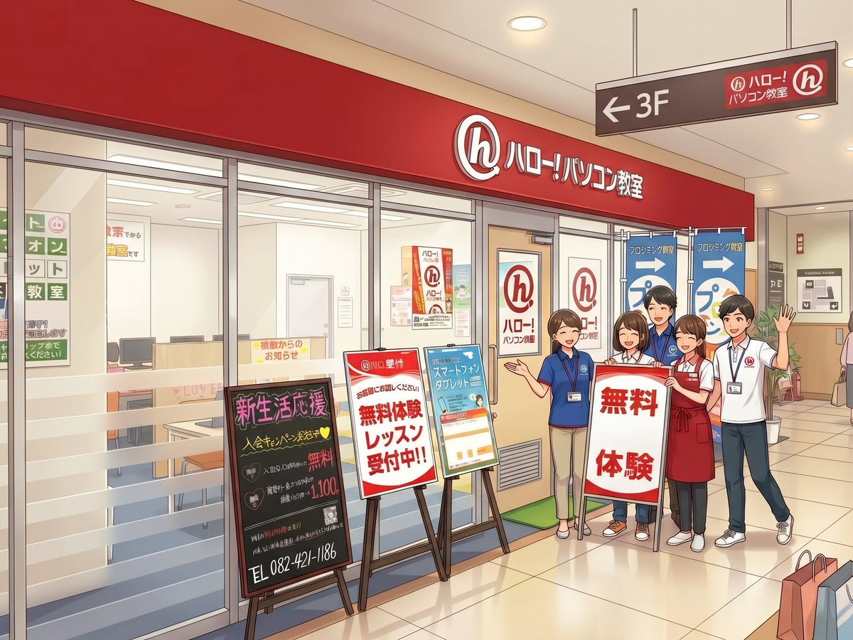 H_H_hello_PC_'s tweet photo. 【お買い物やお仕事帰りにぴったり！ゆめタウン東広島校🛒】
当教室はゆめタウン東広島の本館3階にございます！
火曜日と木曜日は夜19:30まで開校。広々とした駐車場完備でお買い物ついでにも気軽にお立ち寄りいただけます✨
#ゆめタウン東広島 #パソコン教室 #東広島 https://t.co/d35Hgzaxi5