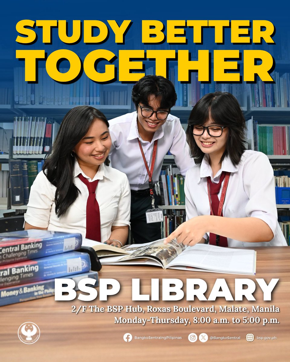 BangkoSentral's tweet photo. GROUP STUDY? WE GOT YOU COVERED!

The BSP library offers a comfortable space and a wide selection of learning materials for you and your study group.

Visit: 2/F The BSP Hub, Roxas Boulevard, Malate, Manila
Operating hours: Monday to Thursday | 8:00 a.m. to 5:00 p.m.
Entry: Bring one valid ID