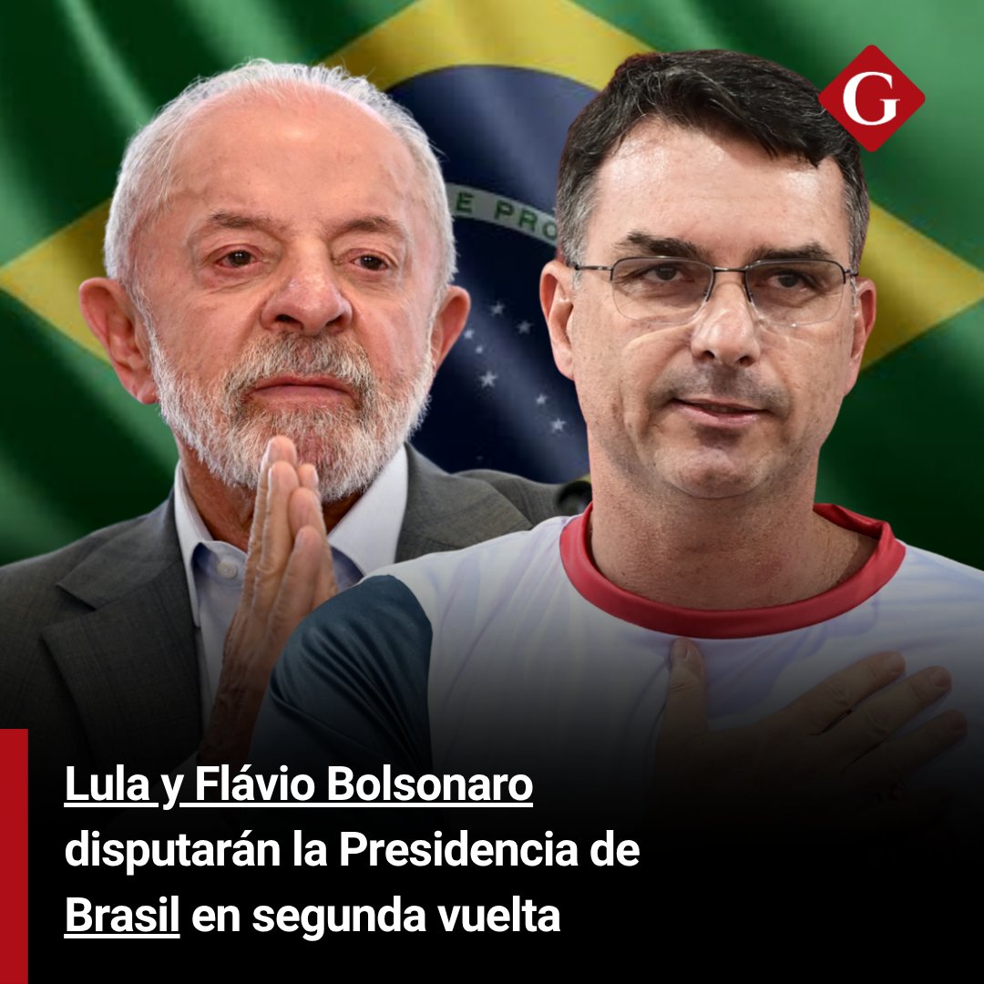 Gestionpe's tweet photo. 🚨 🇧🇷 📊 Brasil irá a segunda vuelta : Flávio Bolsonaro y Luiz Inácio Lula da Silva disputarán la Presidencia el próximo 25 de octubre, tras ser los dos candidatos más votados en la primera vuelta.

Con el 98.2% de las urnas totalizadas , Flávio Bolsonaro se mantiene en el primer lugar con 44.85% de los votos válidos, mientras Lula alcanza 44.7%, según datos del Tribunal Superior Electoral (TSE).

🔗 Entérate de más en https://t.co/oz2odyoWGF