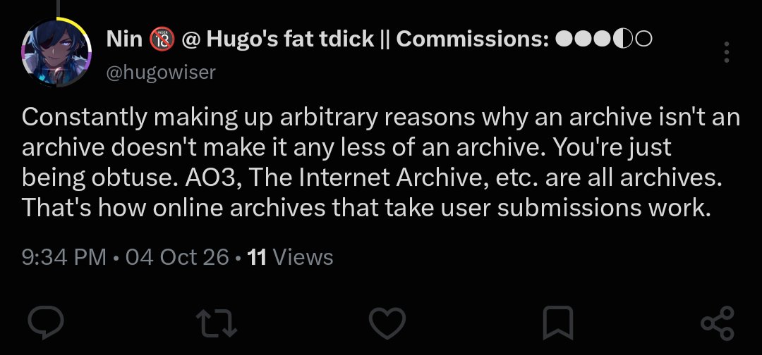 Mysttyni's tweet photo. @CornejaNomada @DRGEMST0NE @bedofrozys @Aprilfzws Comparing ao3 to internet archive is insane. Youre unbelievably stupid for thinking they are the same, the internet archive does not take fucking user submissions willy nilly idiot https://t.co/mFA3kuD01v