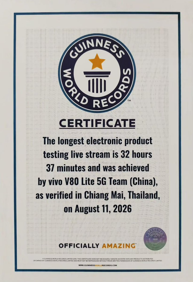 vivo_phil's tweet photo. 32 HOURS 37 MINUTES.

We are proud to hold the official Guinness World Records certificate for the longest electronic product testing livestream for the vivo V80 Lite!

Huge love to our vivo fam for cheering us on 💙 We share this record with all of you: https://t.co/Huf3oKJC5A https://t.co/g3Y09rBiTx